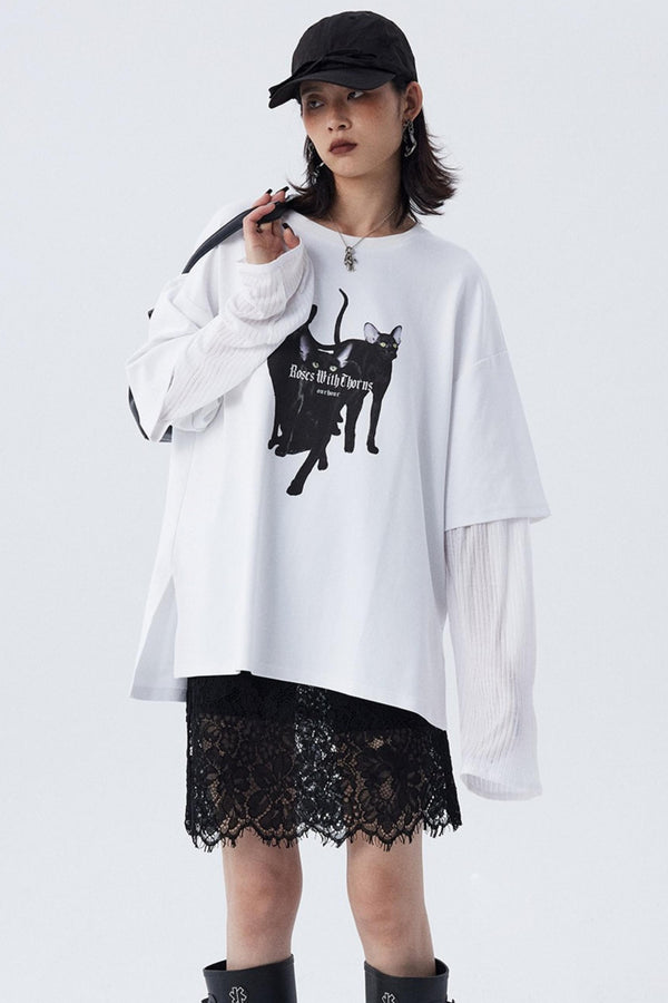 Cat Print Long-Sleeved Top