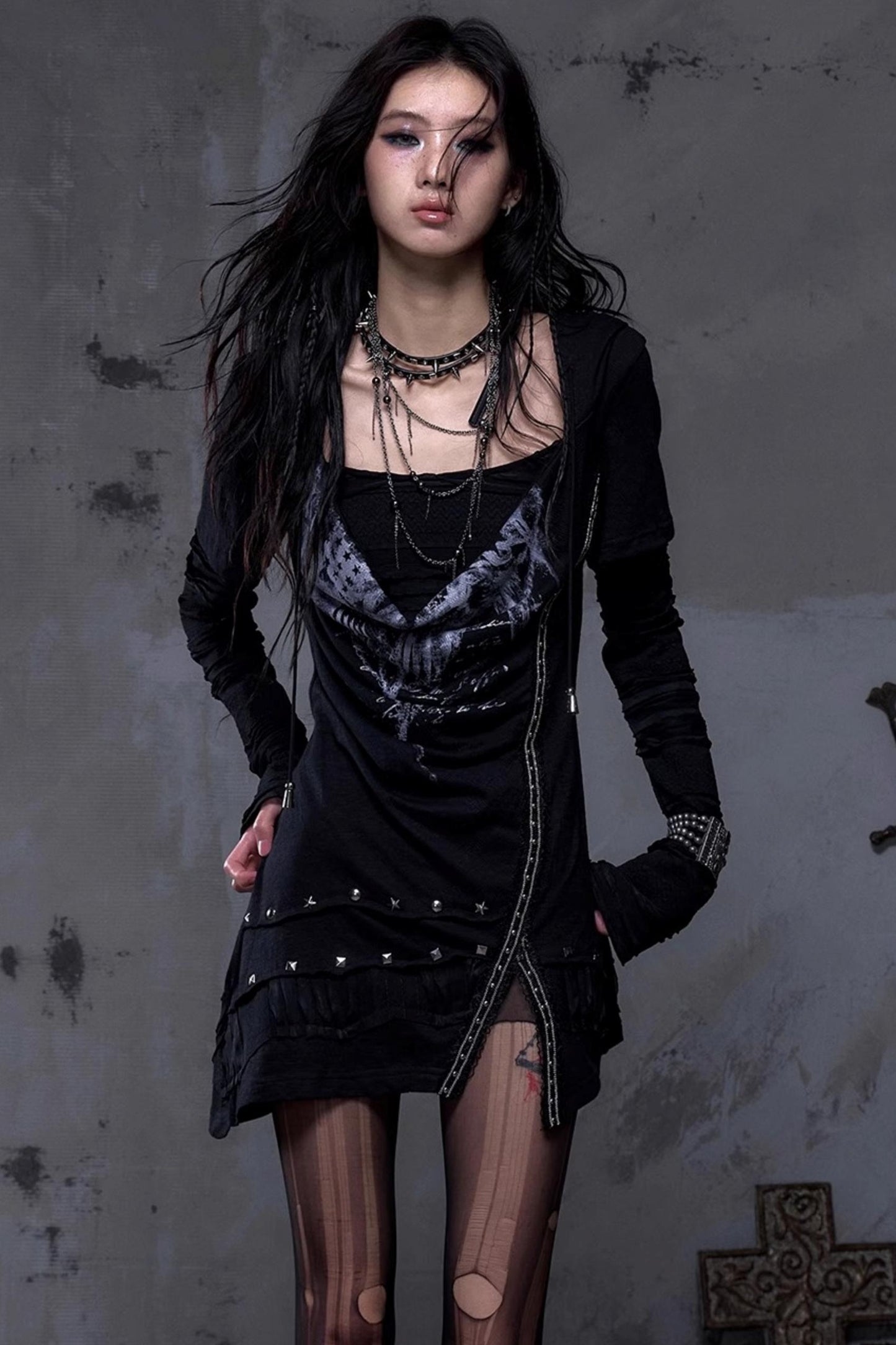 Rock Swing Collar Print Long Sleeve Dress