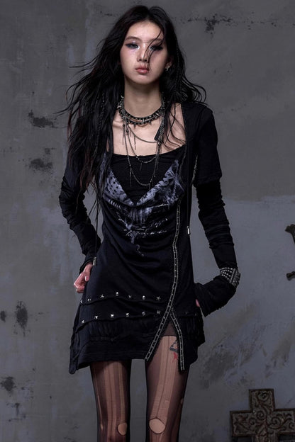 Rock Swing Collar Print Long Sleeve Dress