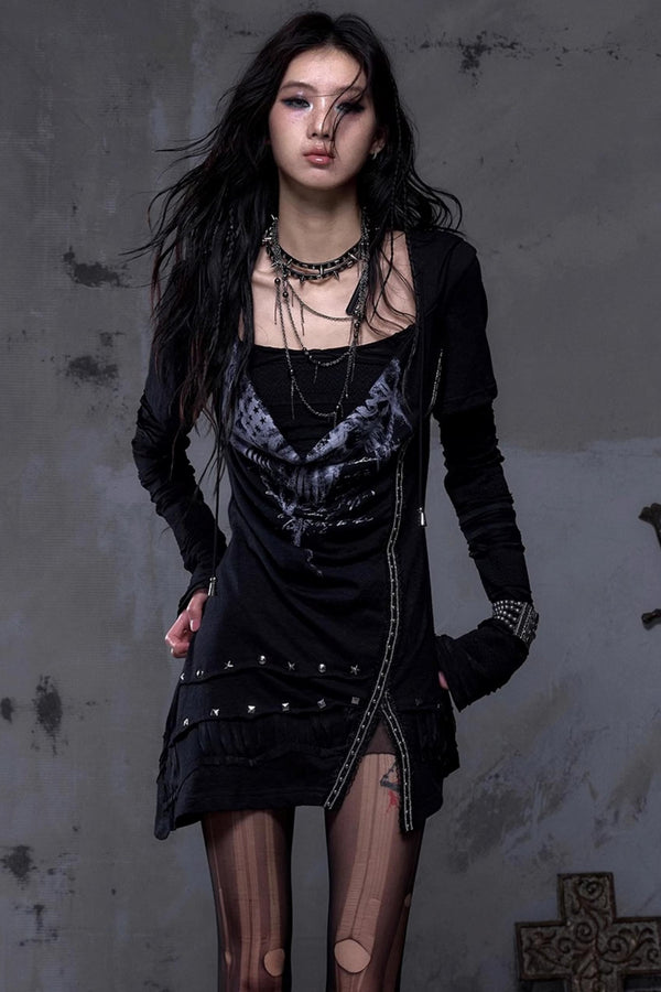 Rock Swing Collar Print Long Sleeve Dress