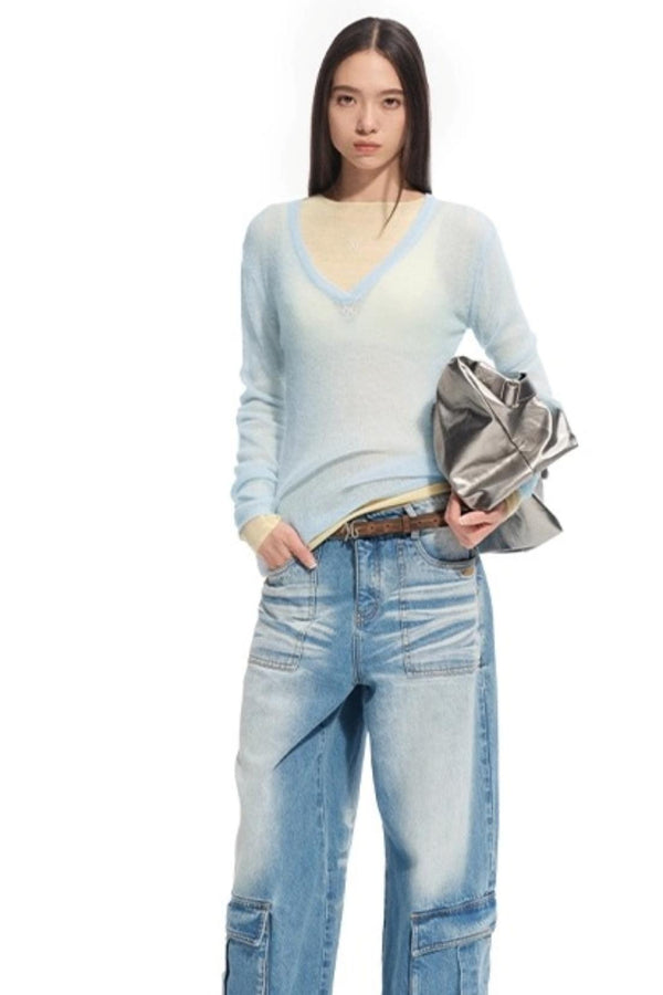 Alpaca Knit Layered V-Neck Long Sleeve Top