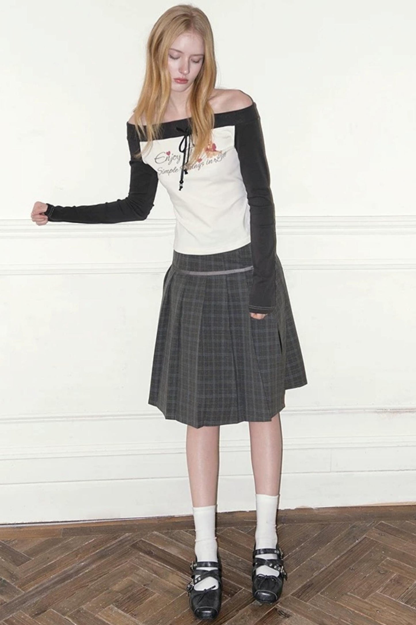 Gray Plaid Pleated Skirt Set