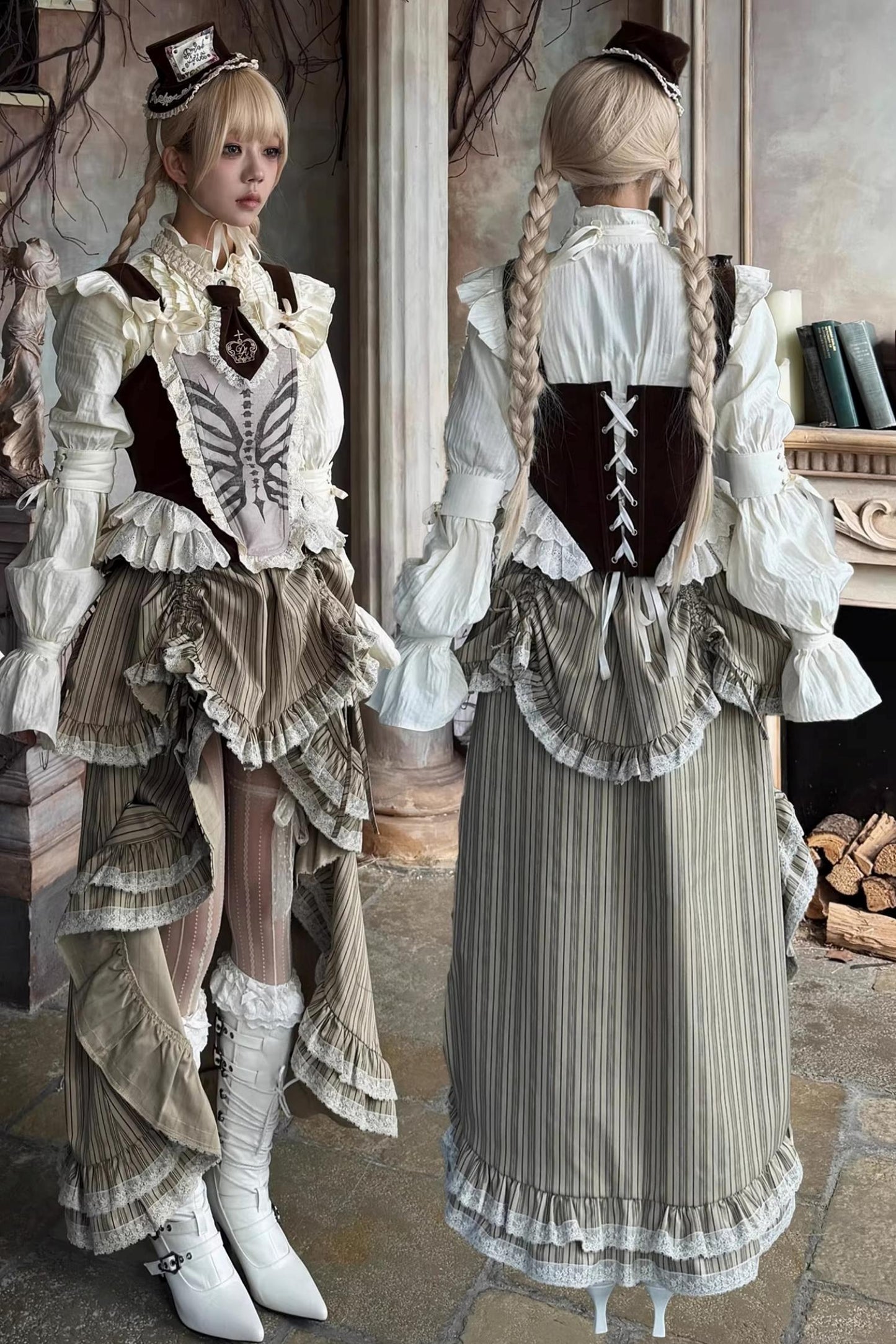 Bone Print Velvet Corset Vest