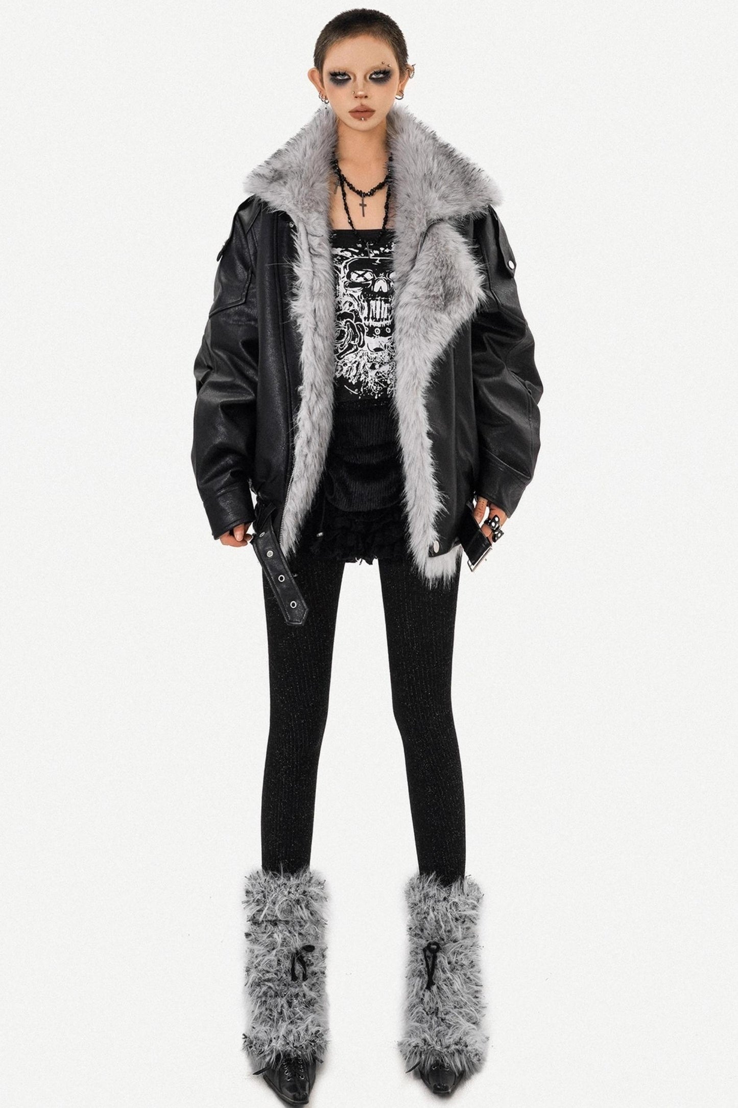 Thickened Pu Leather Fur Collar Jacket