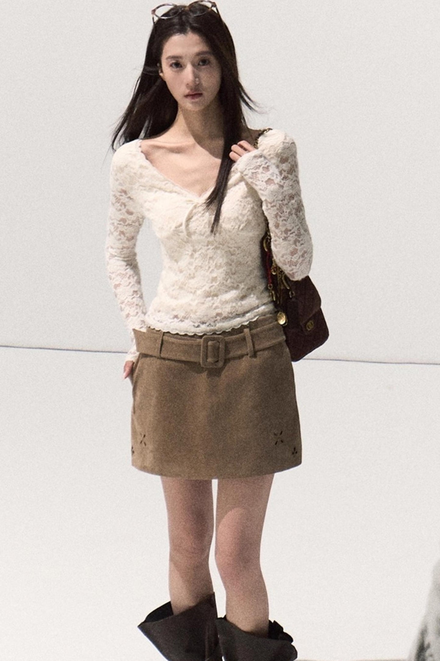 V-Neck Lace Knit Sweater