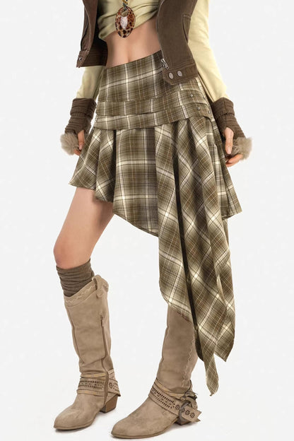 Retro Plaid Asymmetrical Skirt