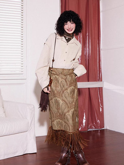 Red brown fringe skirt