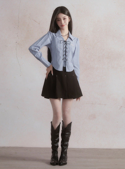 Salt-based striped casual lace-up shirt