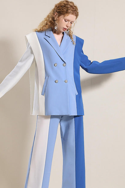 Professional Blue and White Contrast Suit Set