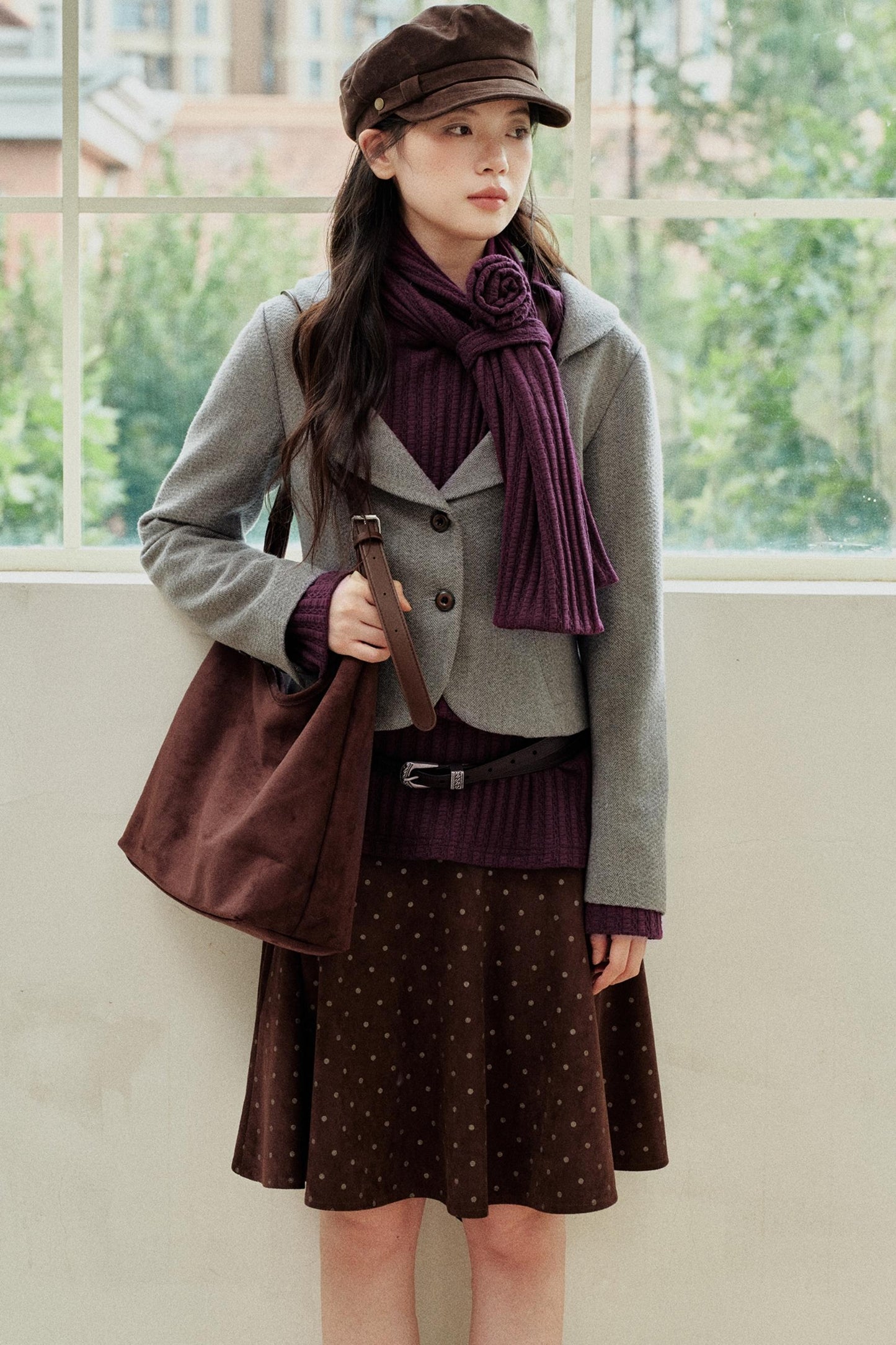 Purple Strip Knit Gray Woolen Jacket Set-Up