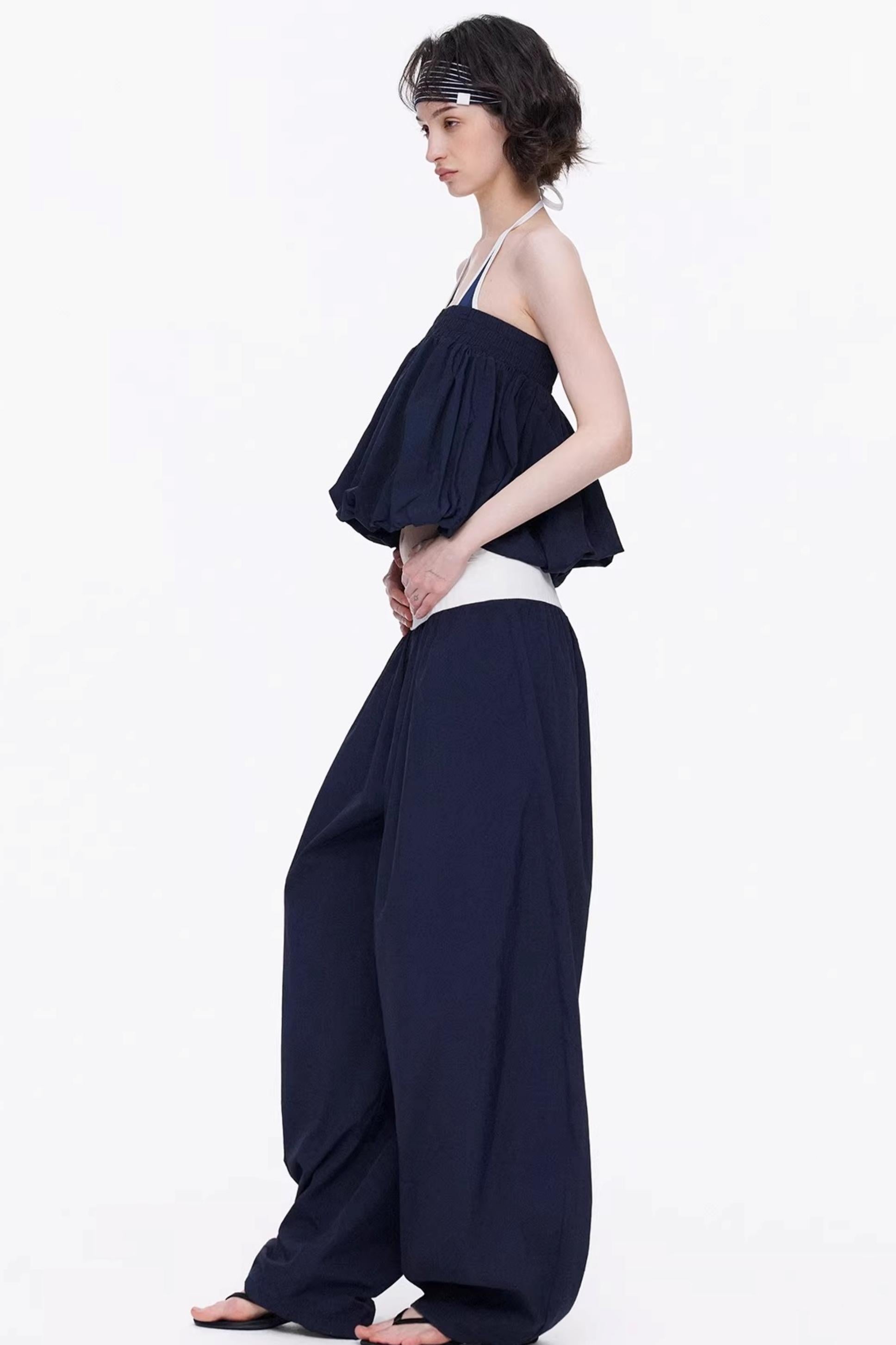 Elegant navy blue  minimalist knitted tube top and wide-leg pants set