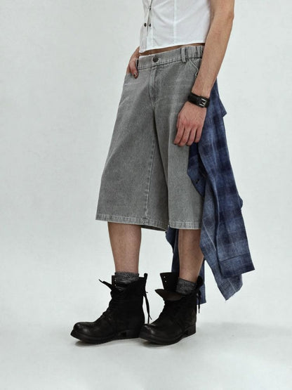 Asymmetric denim washed denim shorts