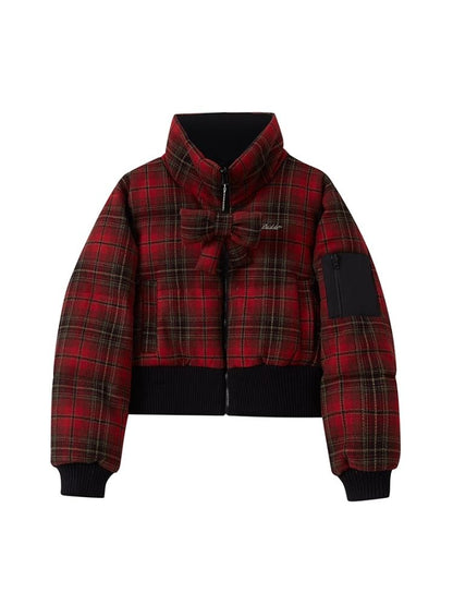 Red plaid two sides wear short cotton jacket