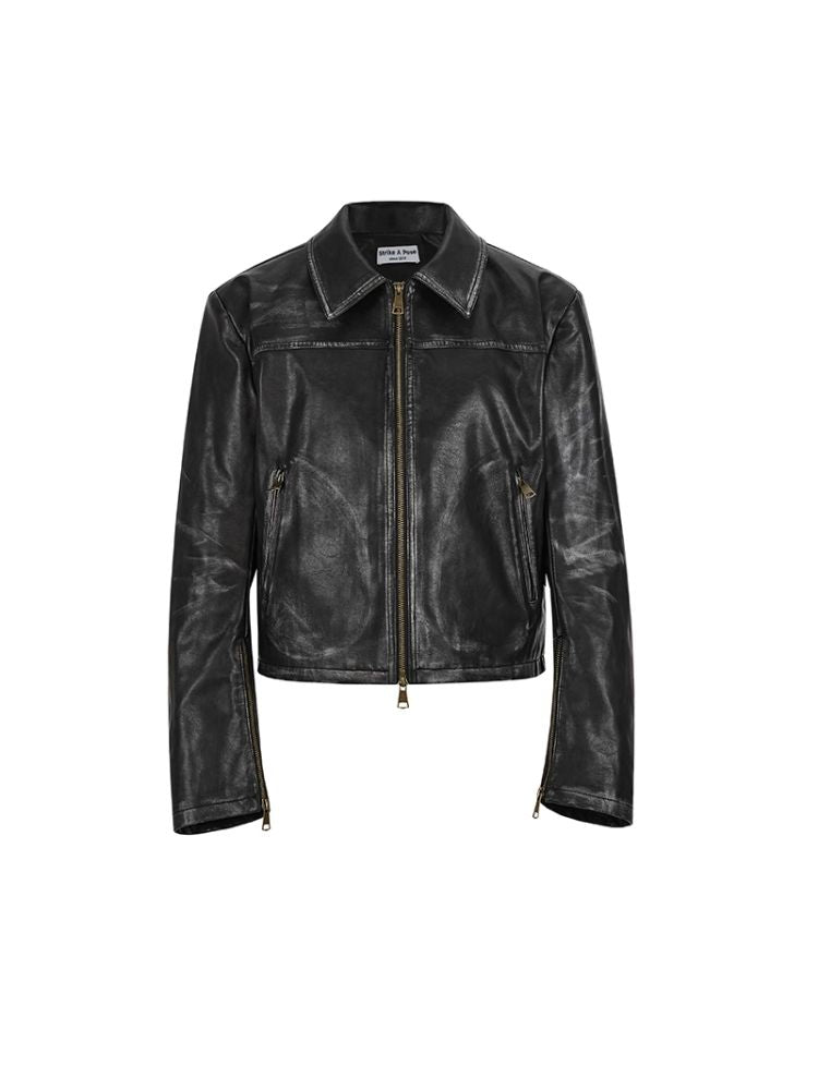 Loose rub color leather jacket