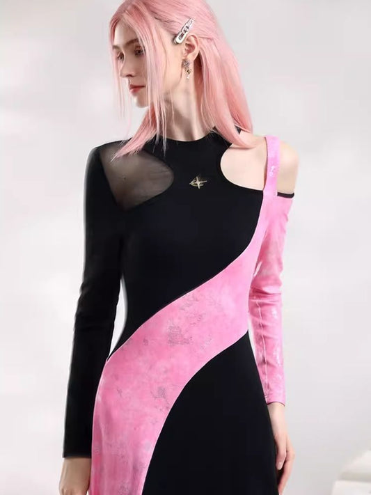 Black Pink Color Clash Long Dresses