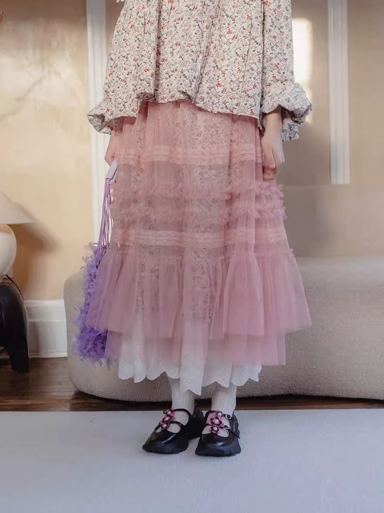 Sweet Cherry Blossom Pink Mesh Half Skirt