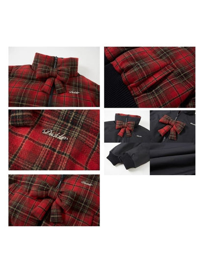 Red plaid two sides wear short cotton jacket