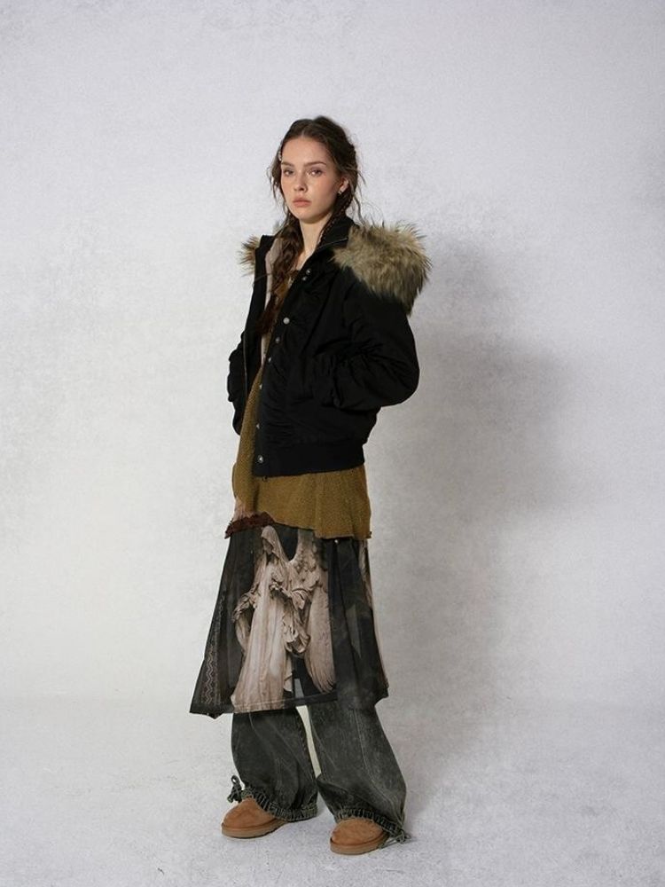 Hooded Large Fur Collar Short Parker Pilot Jacket