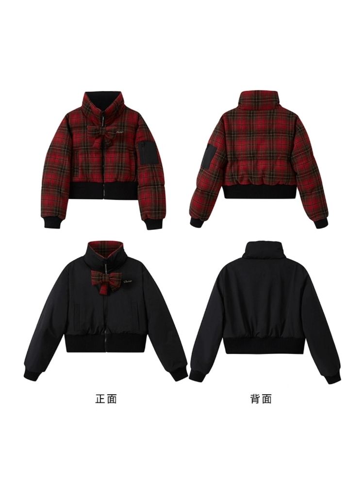 Red plaid two sides wear short cotton jacket