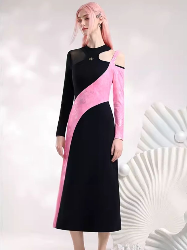 Black Pink Color Clash Long Dresses