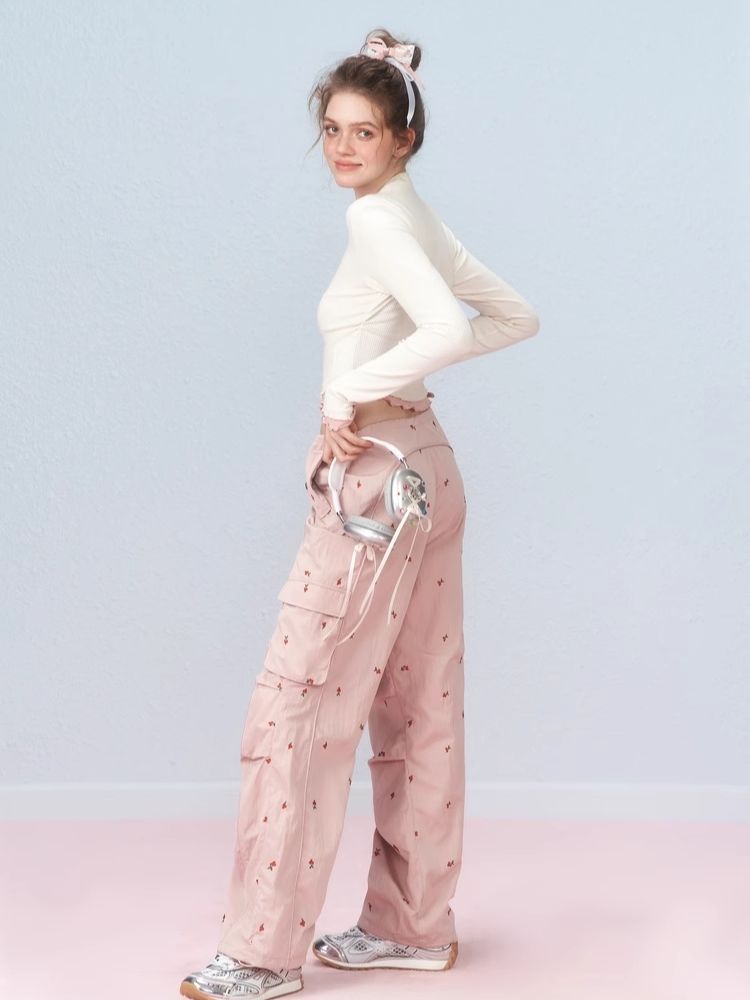 Small cherry embroidered work pants