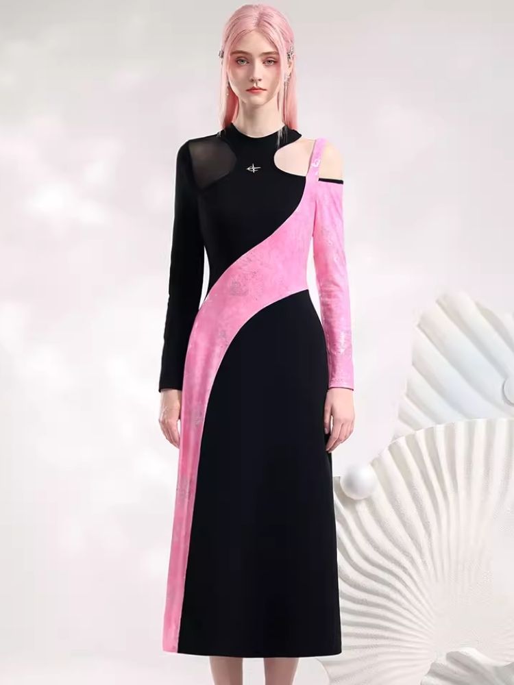 Black Pink Color Clash Long Dresses