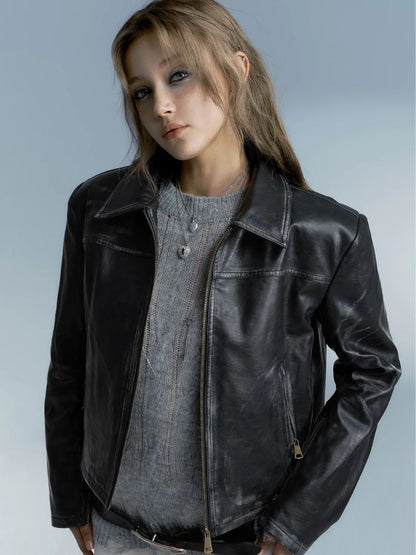 Loose rub color leather jacket