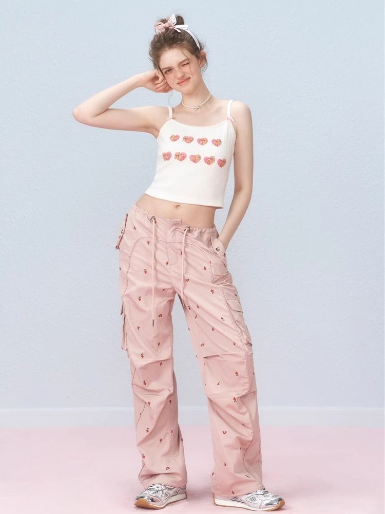 Small cherry embroidered work pants