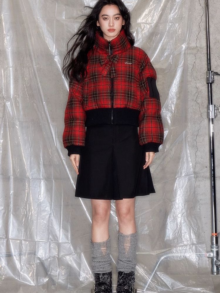 Red plaid two sides wear short cotton jacket