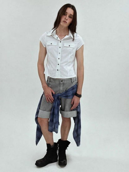 Asymmetric denim washed denim shorts