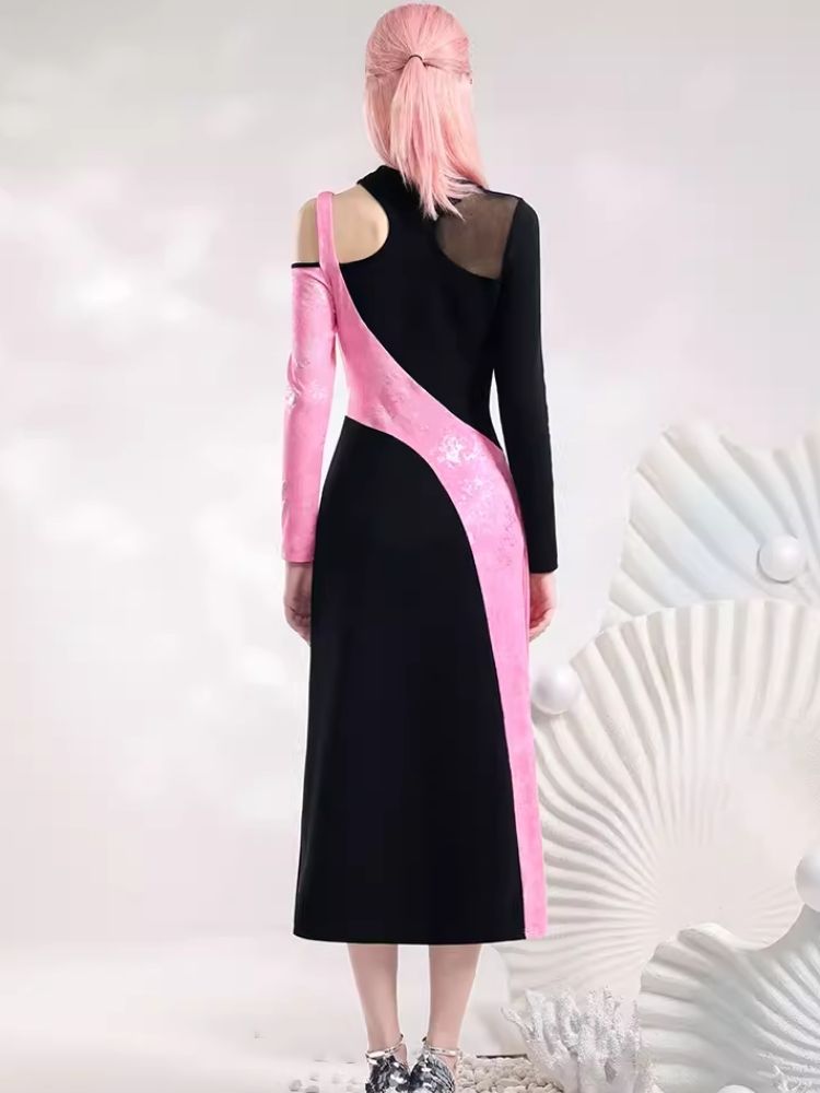 Black Pink Color Clash Long Dresses