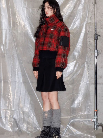 Red plaid two sides wear short cotton jacket