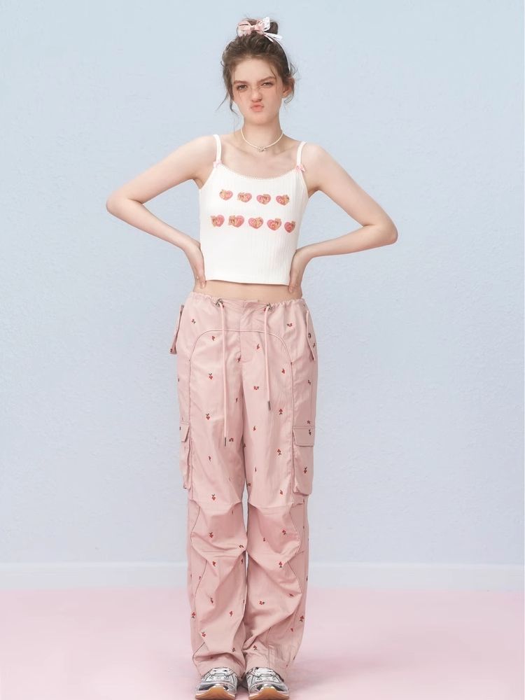 Small cherry embroidered work pants