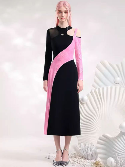 Black Pink Color Clash Long Dresses