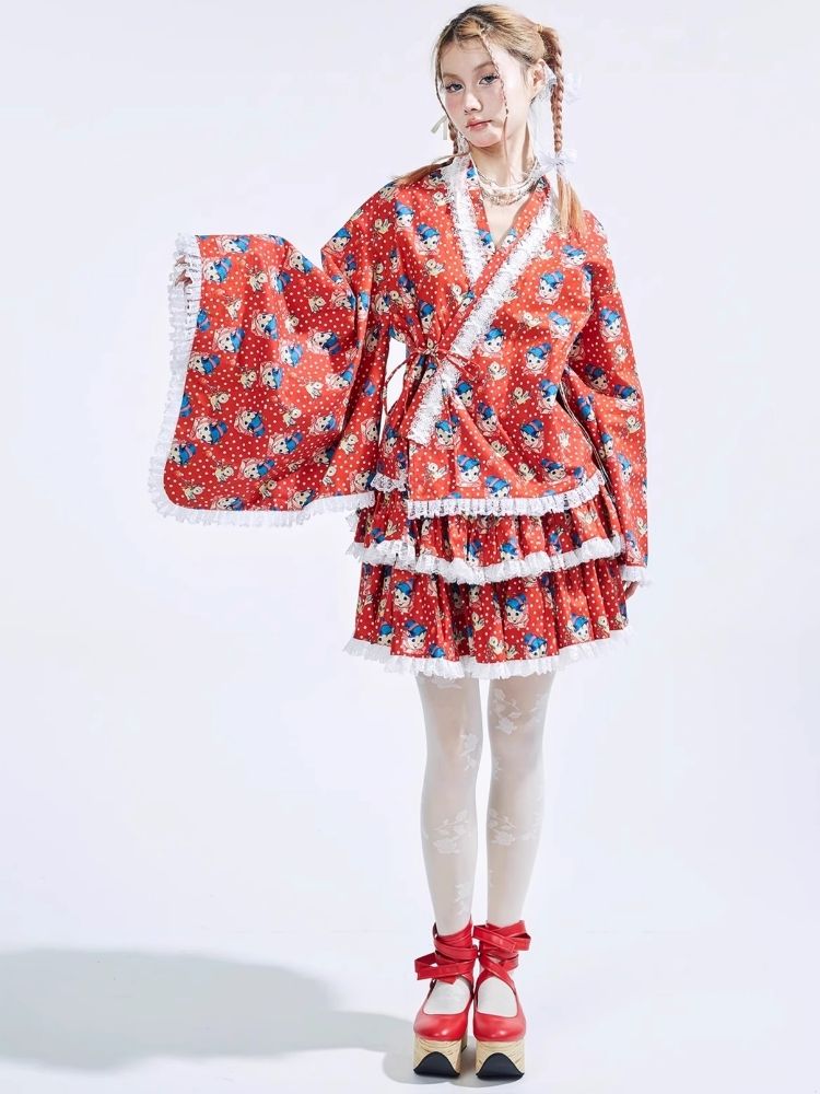 Red Childish Kimono Yukata Tops