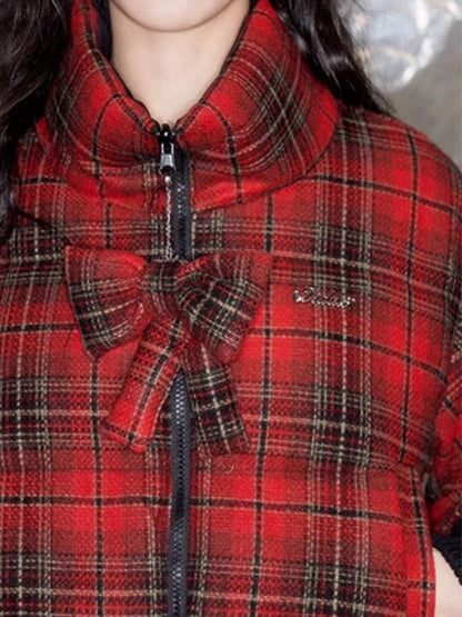 Red plaid two sides wear short cotton jacket