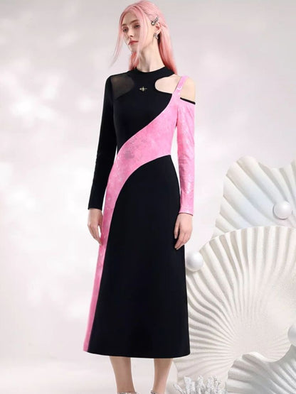 Black Pink Color Clash Long Dresses