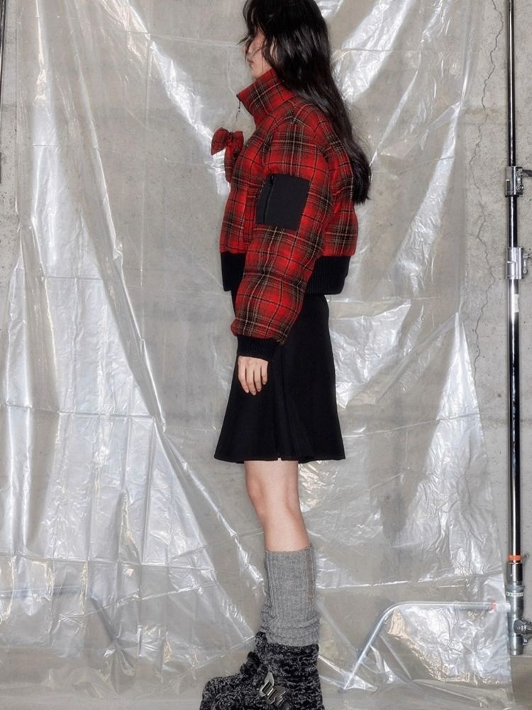 Red plaid two sides wear short cotton jacket