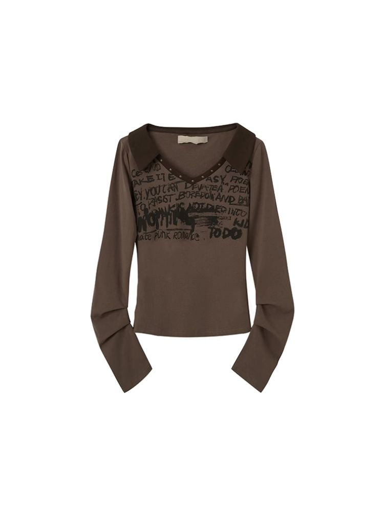 Graffiti Print Brown Knit V-Neck Tee