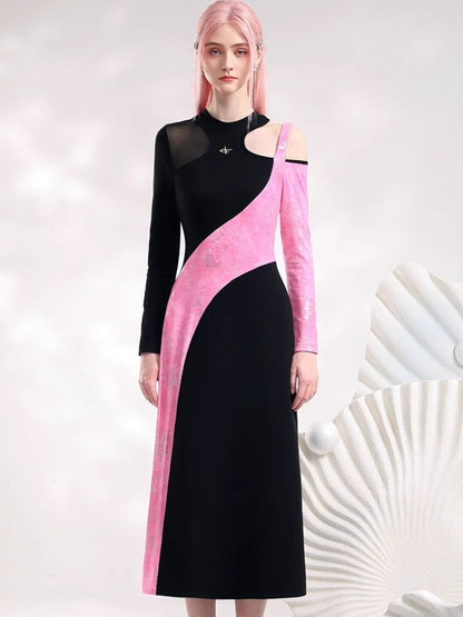 Black Pink Color Clash Long Dresses