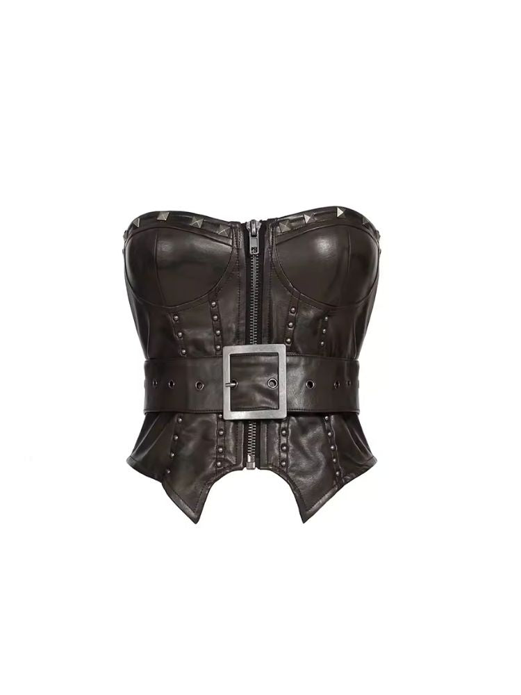 Zipper metal rivets leather bustier