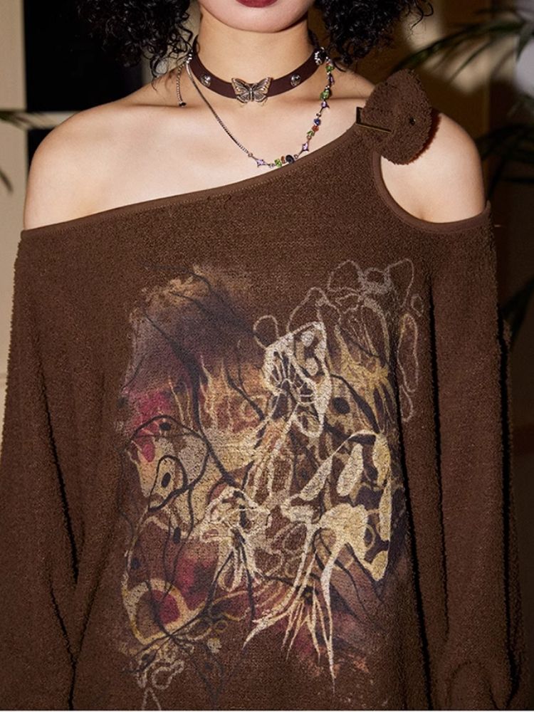 Retro Strapless Long Sleeve Printed Loose Sweatshirt