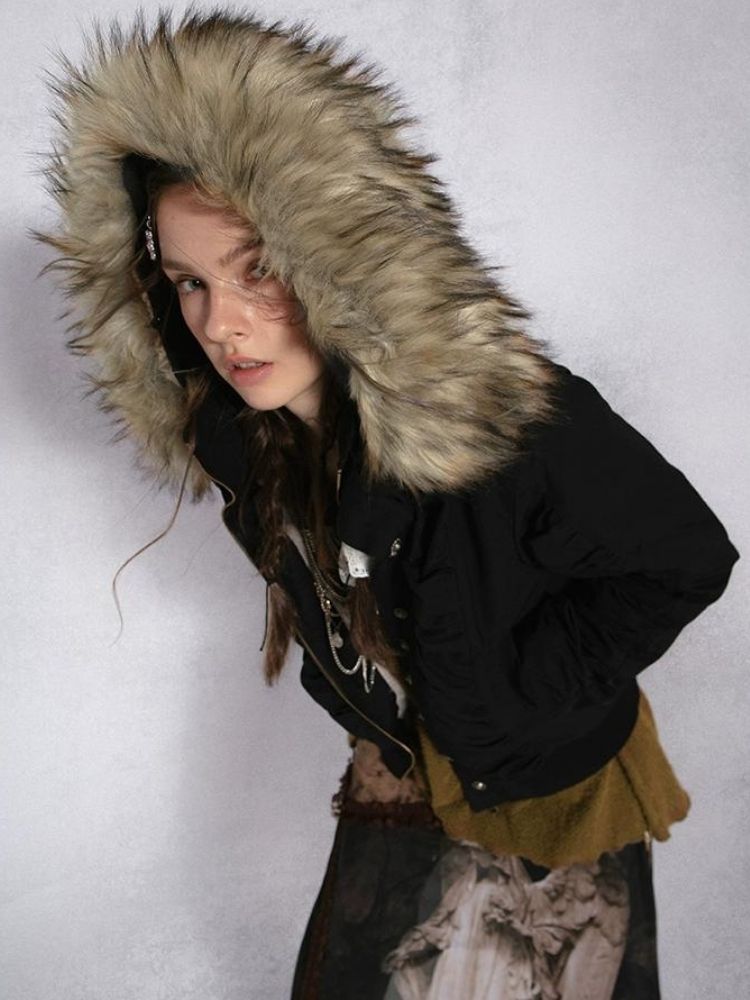 Hooded Large Fur Collar Short Parker Pilot Jacket