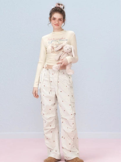 Small cherry embroidered work pants