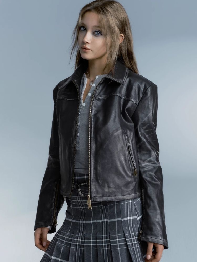 Loose rub color leather jacket