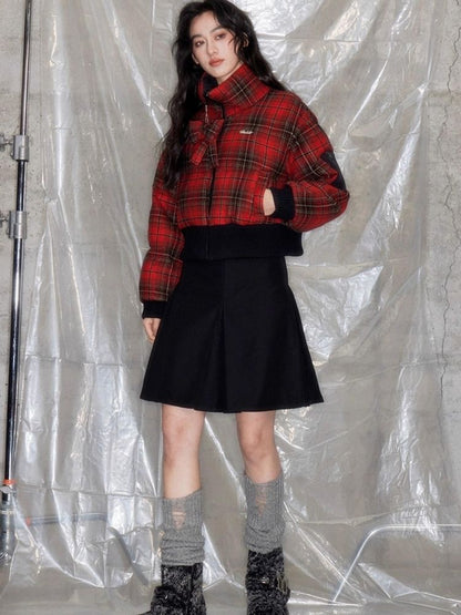 Red plaid two sides wear short cotton jacket