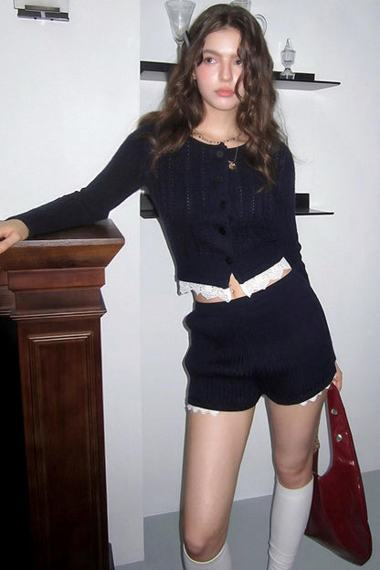 Floral Knit Cardigan Shorts Set-Up