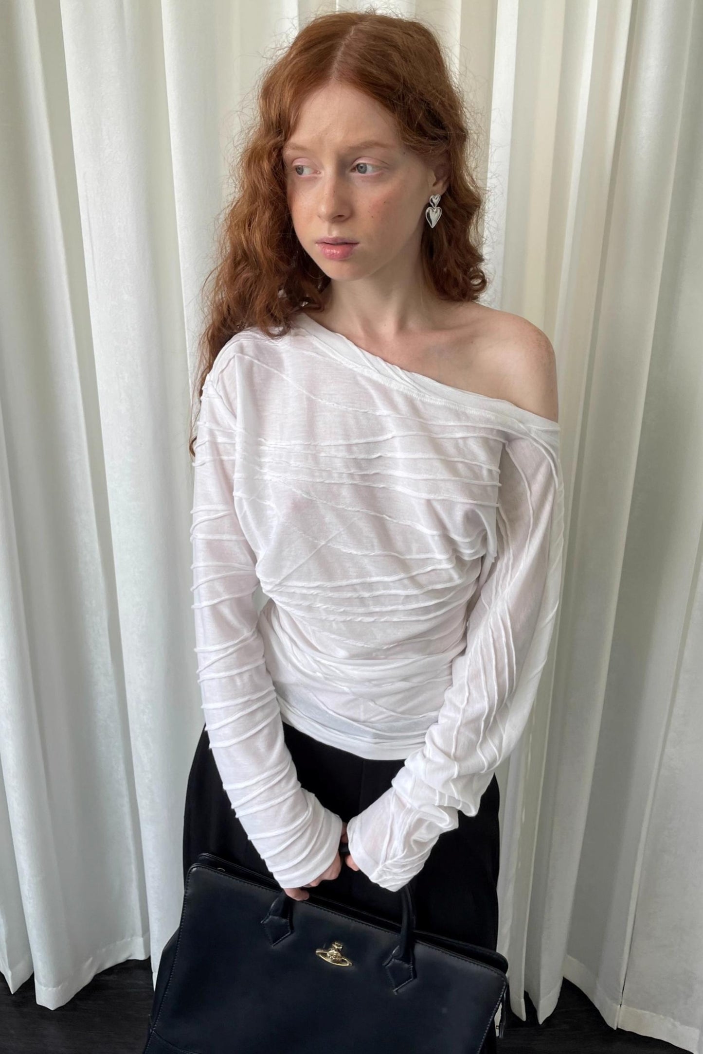 Pleated Slanted Shoulder Slimming Top