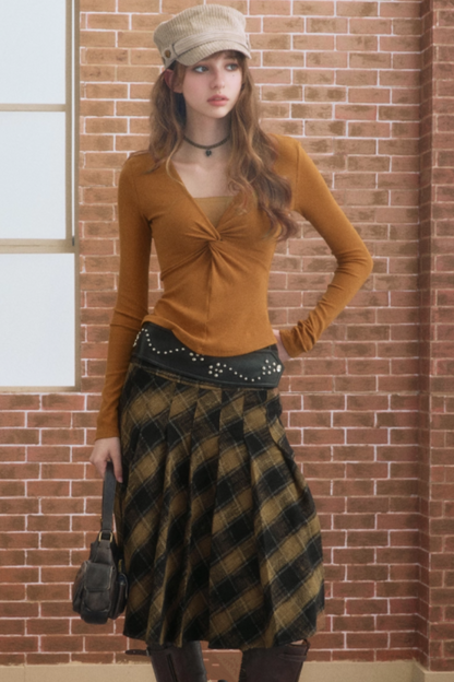 Classic Vintage Plaid Midi Skirt