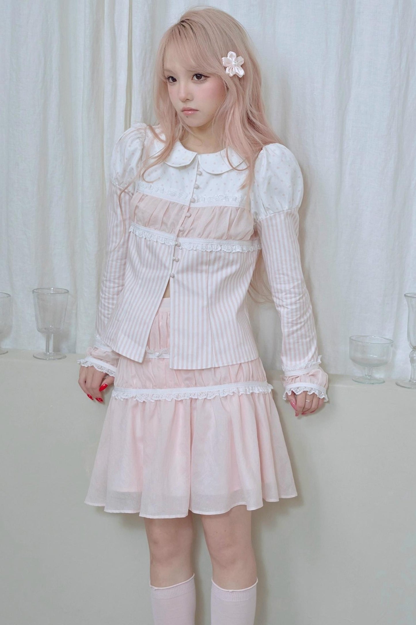 Doll Collar Stripe Lace Top